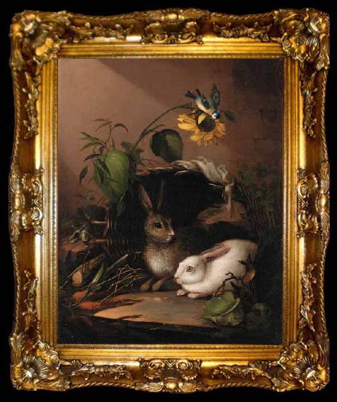 framed  Carl Johann Lasch Two rabbits in an upturned basket with a blue tit on a sunflower, ta009-2